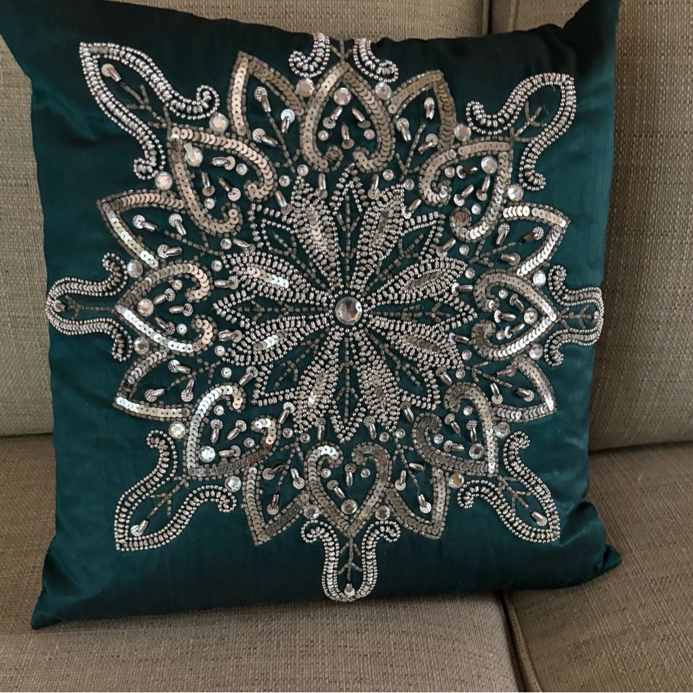 Embellished Teal Decorative Pillow